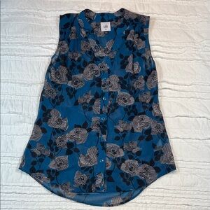 CAbi Teal and White Floral Button-Up Blouse